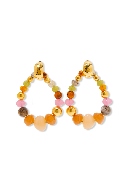 Large Stone Hoop Earrings, Gold-Plated Brass & Acetate Pearls